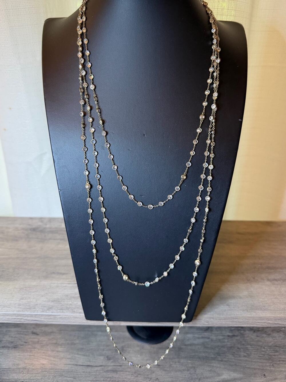 Henri Bendel 925 Sterling Silver Bezel Set Crystal multi strand Necklace #K74